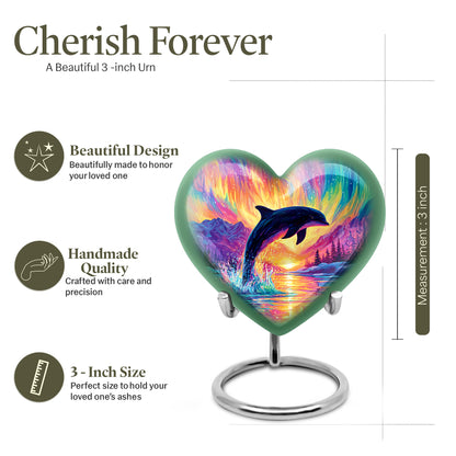 Royal Purple Dolphin Cremation Urn front view showing detailed design - romantic heart urn with dolphin motif on aluminum - mini keepsake memorial for portion of cremation ashes