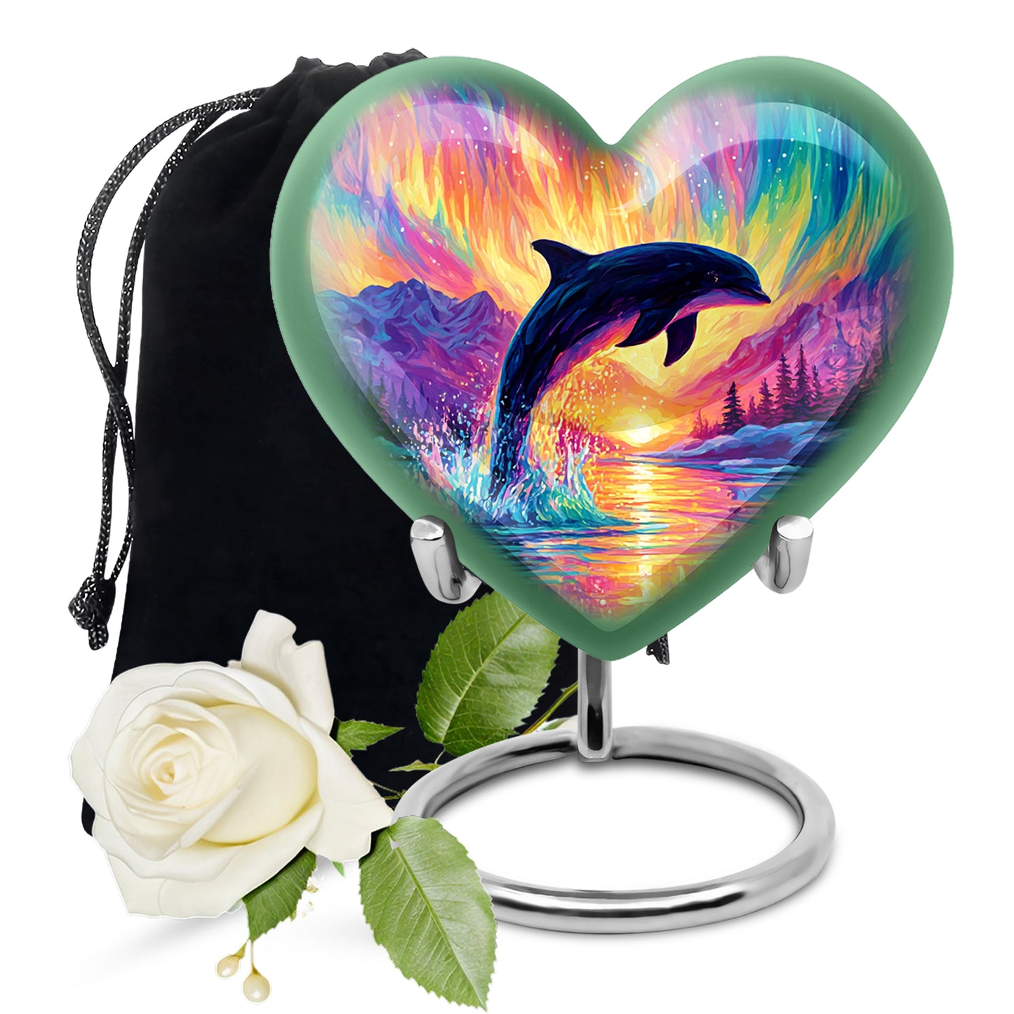 Amethyst Purple Dolphin Cremation Urn detail view - loving heart memorial featuring dolphin pattern - full-size 10 inch 200 cubic inch adult cremation urn