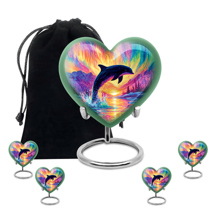 Lavender Purple Dolphin Cremation Urn close-up of engraving and surface detail - compassionate heart-dolphin combination with gentle curves - memorial set with one large and four small urns