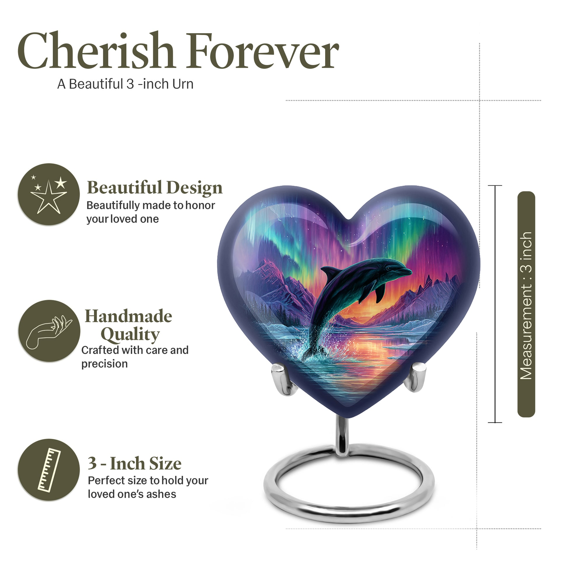 Icy Blue Dolphin Cremation Urn front view showing detailed design - loving heart memorial featuring dolphin pattern - mini keepsake memorial for portion of cremation ashes