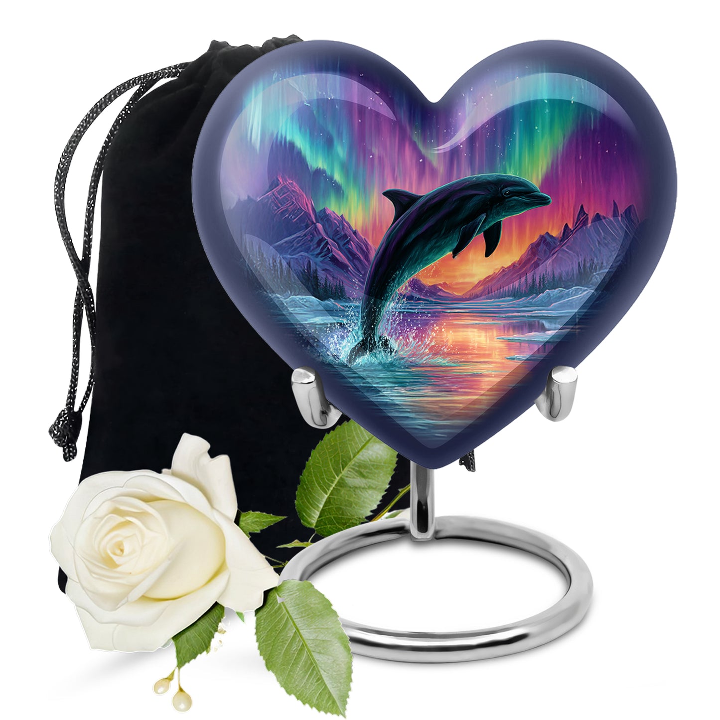 Cobalt Blue Dolphin Cremation Urn detail view - romantic heart urn with dolphin motif on aluminum - full-size 10 inch 200 cubic inch adult cremation urn