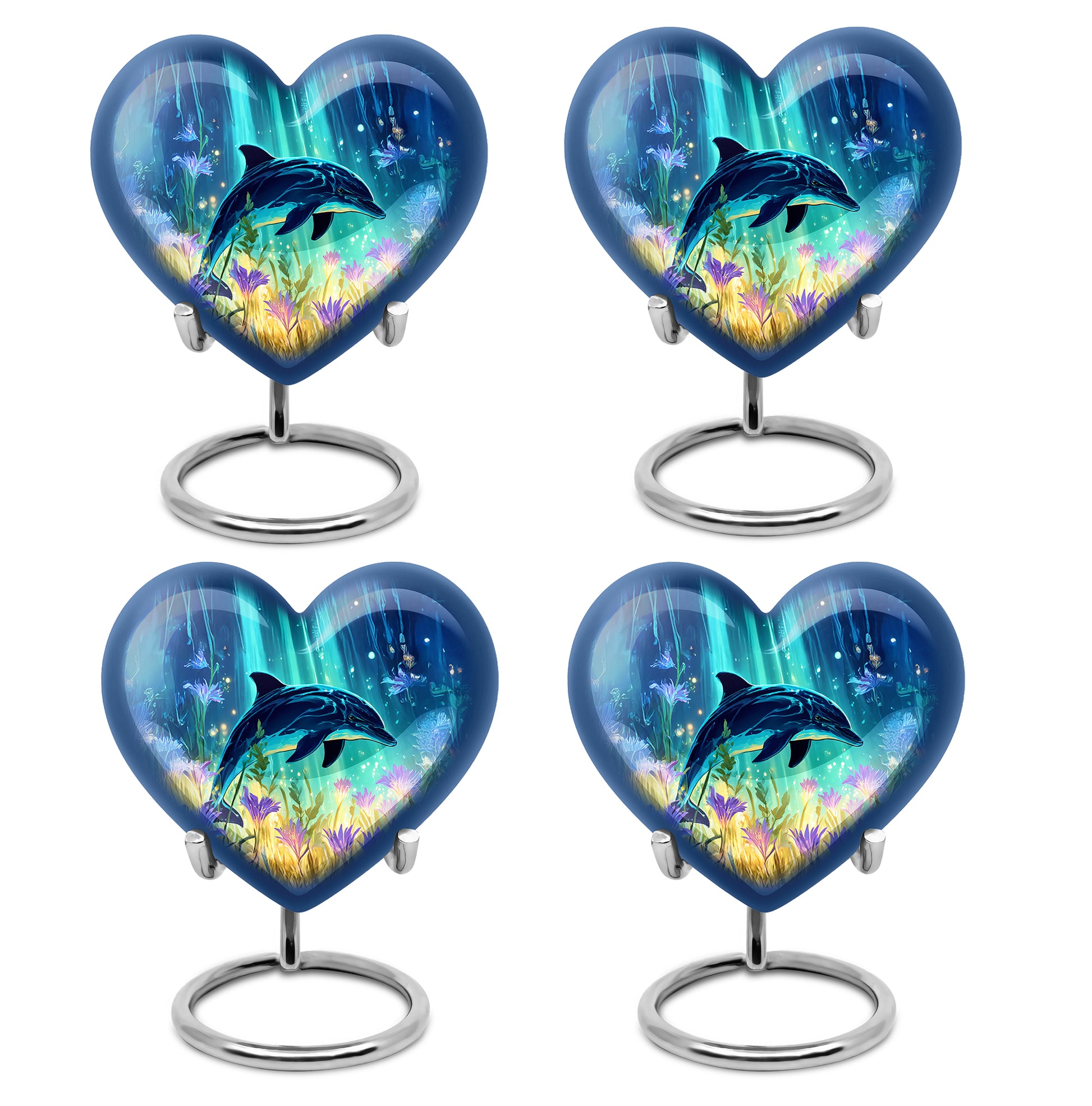 Powder Blue Dolphin Cremation Urn angled view of lid and engraved motif - heart-shaped dolphin design symbolizing eternal love - 10 inch aluminum urn for cremated remains