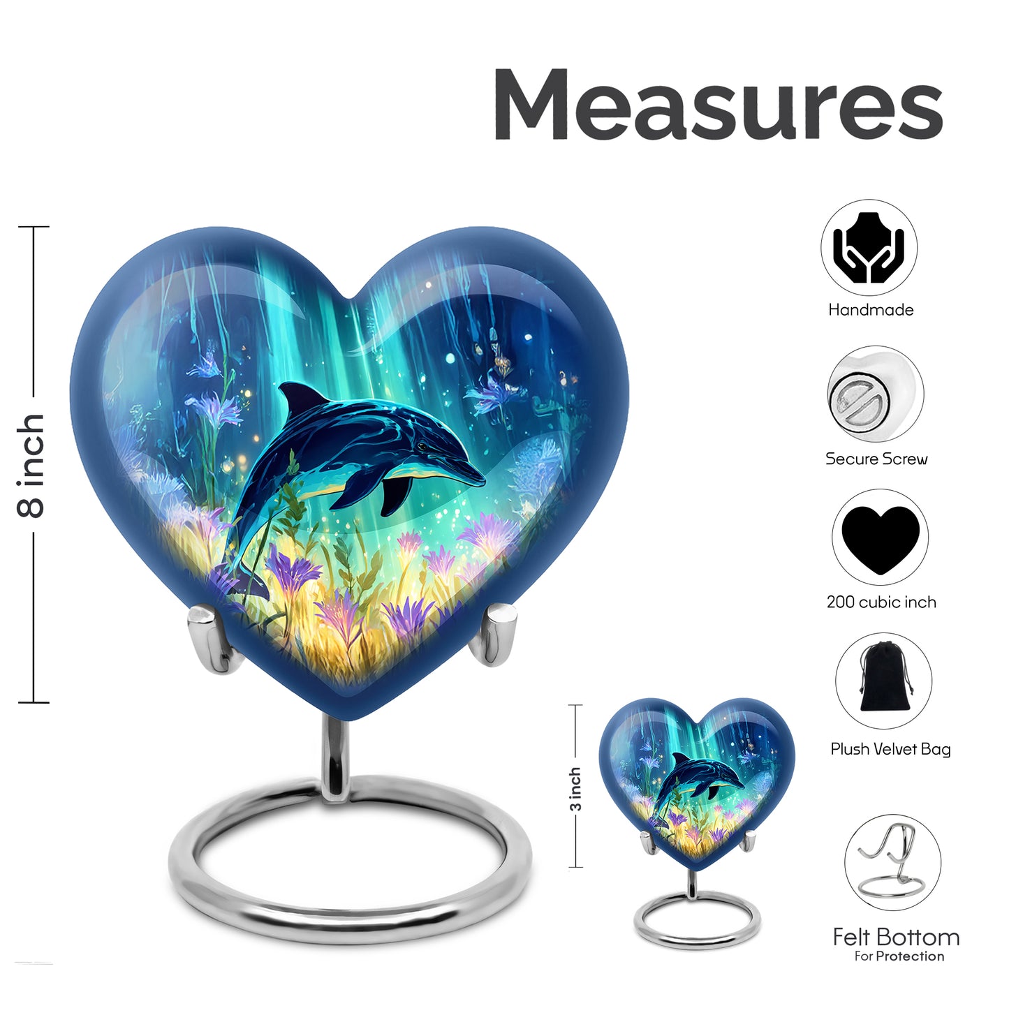 Calming Blue Dolphin Cremation Urn front view showing detailed design - compassionate heart-dolphin combination with gentle curves - mini keepsake memorial for portion of cremation ashes