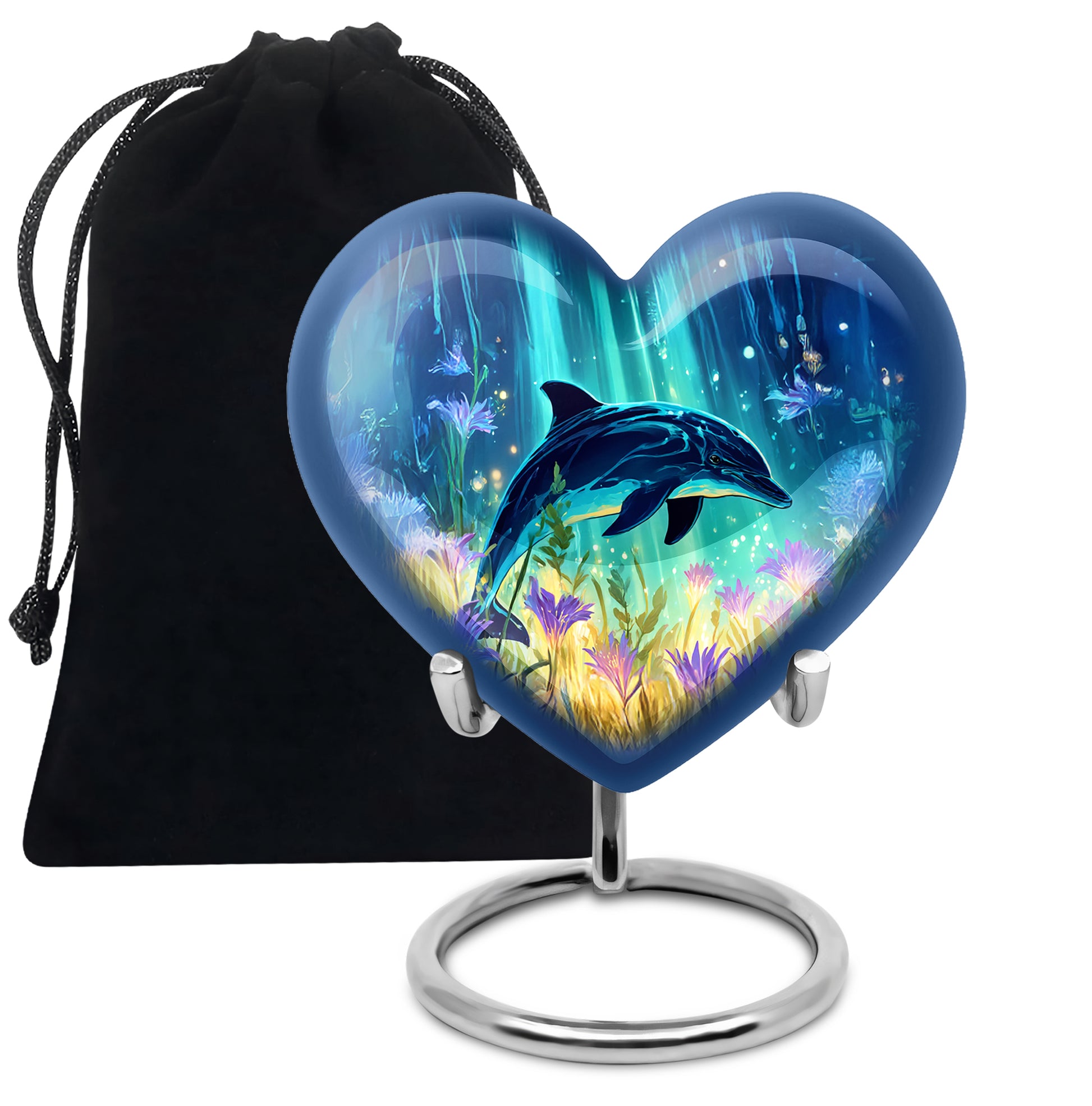 Pastel Blue Dolphin Cremation Urn detail view - loving heart memorial featuring dolphin pattern - full-size 10 inch 200 cubic inch adult cremation urn