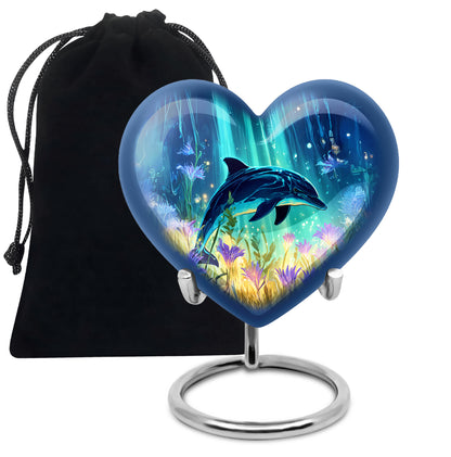 Pastel Blue Dolphin Cremation Urn detail view - loving heart memorial featuring dolphin pattern - full-size 10 inch 200 cubic inch adult cremation urn