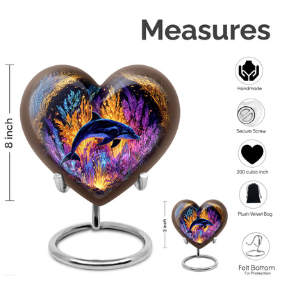 Royal Gold Dolphin Cremation Urn front view showing detailed design - romantic heart urn with dolphin motif on aluminum - mini keepsake memorial for portion of cremation ashes
