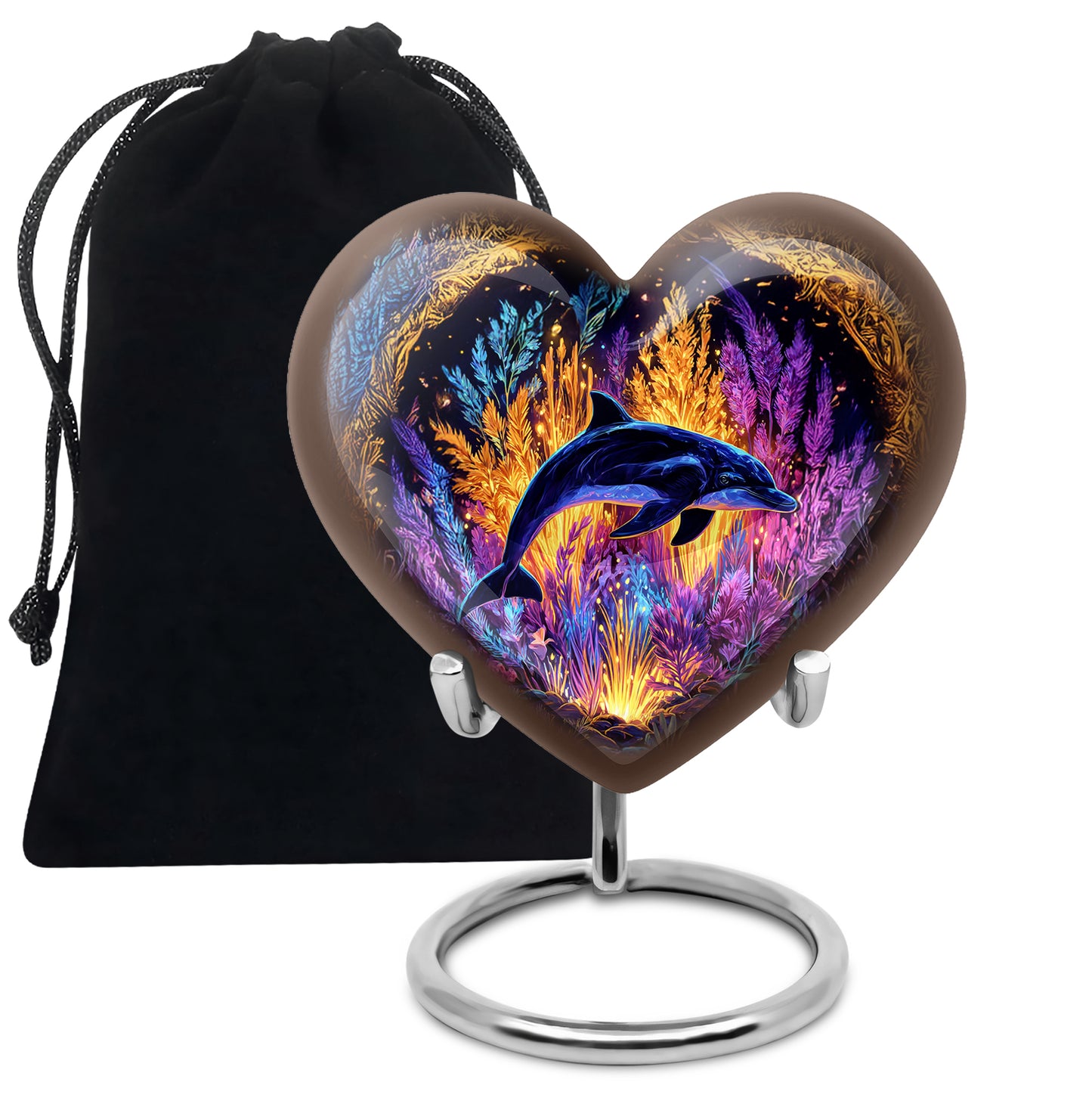 Amber Gold Dolphin Cremation Urn detail view - loving heart memorial featuring dolphin pattern - full-size 10 inch 200 cubic inch adult cremation urn