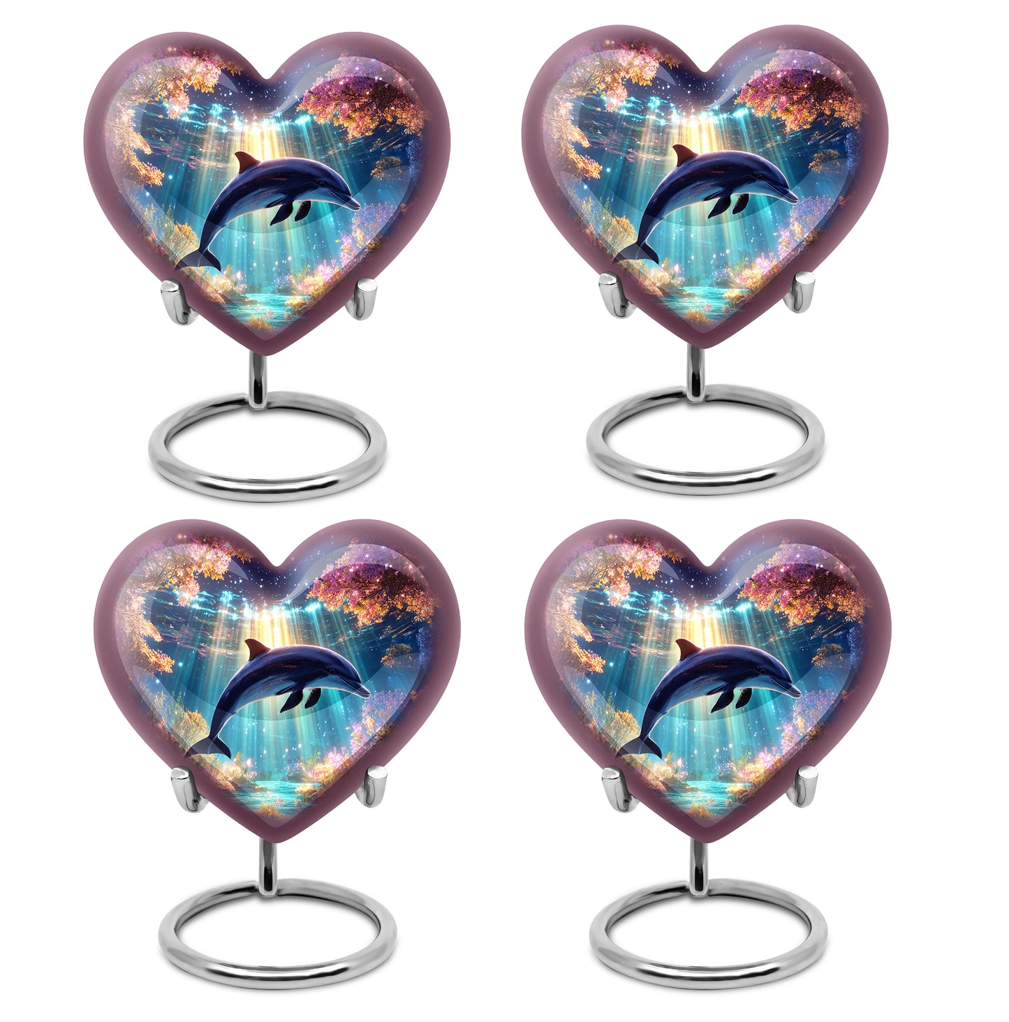 Amethyst Purple Dolphin Cremation Urn angled view of lid and engraved motif - heart-shaped dolphin design symbolizing eternal love - 10 inch aluminum urn for cremated remains