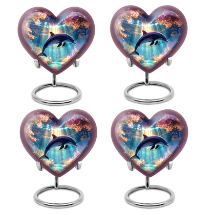 Amethyst Purple Dolphin Cremation Urn angled view of lid and engraved motif - heart-shaped dolphin design symbolizing eternal love - 10 inch aluminum urn for cremated remains