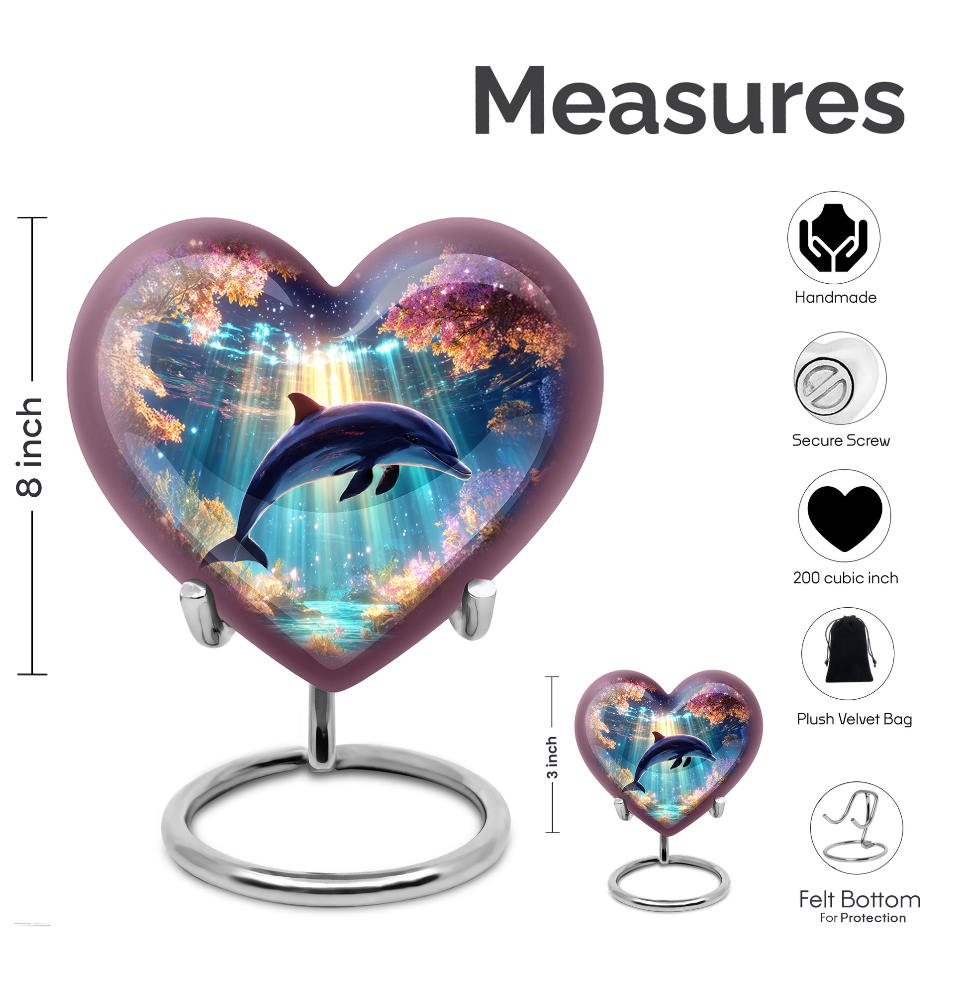 Plum Purple Dolphin Cremation Urn front view showing detailed design - loving heart memorial featuring dolphin pattern - mini keepsake memorial for portion of cremation ashes
