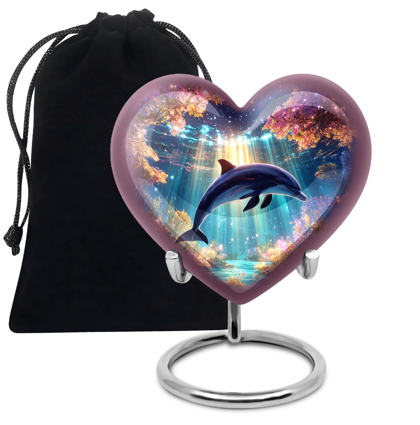 Amethyst Purple Dolphin Cremation Urn detail view - heart-shaped dolphin design symbolizing eternal love - full-size 10 inch 200 cubic inch adult cremation urn