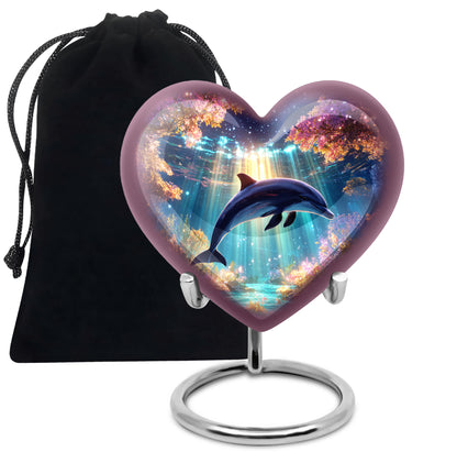 Amethyst Purple Dolphin Cremation Urn detail view - heart-shaped dolphin design symbolizing eternal love - full-size 10 inch 200 cubic inch adult cremation urn