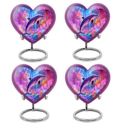 Icy Blue Dolphin Cremation Urn angled view of lid and engraved motif - heart-shaped dolphin design symbolizing eternal love - 10 inch aluminum urn for cremated remains