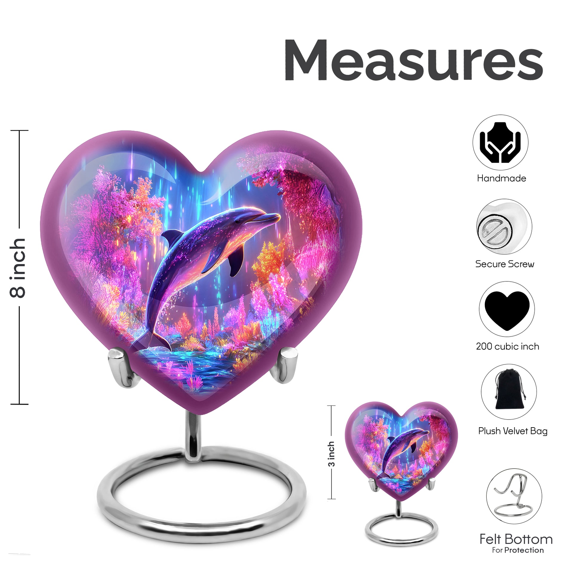 Calming Blue Dolphin Cremation Urn front view showing detailed design - romantic heart urn with dolphin motif on aluminum - mini keepsake memorial for portion of cremation ashes