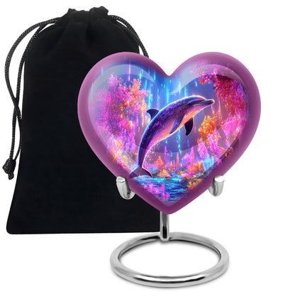 Dusty Blue Dolphin Cremation Urn detail view - heart-shaped dolphin design symbolizing eternal love - full-size 10 inch 200 cubic inch adult cremation urn