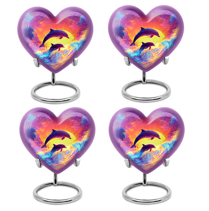 Majestic Purple Dolphin Cremation Urn angled view of lid and engraved motif - loving heart memorial featuring dolphin pattern - 10 inch aluminum urn for cremated remains
