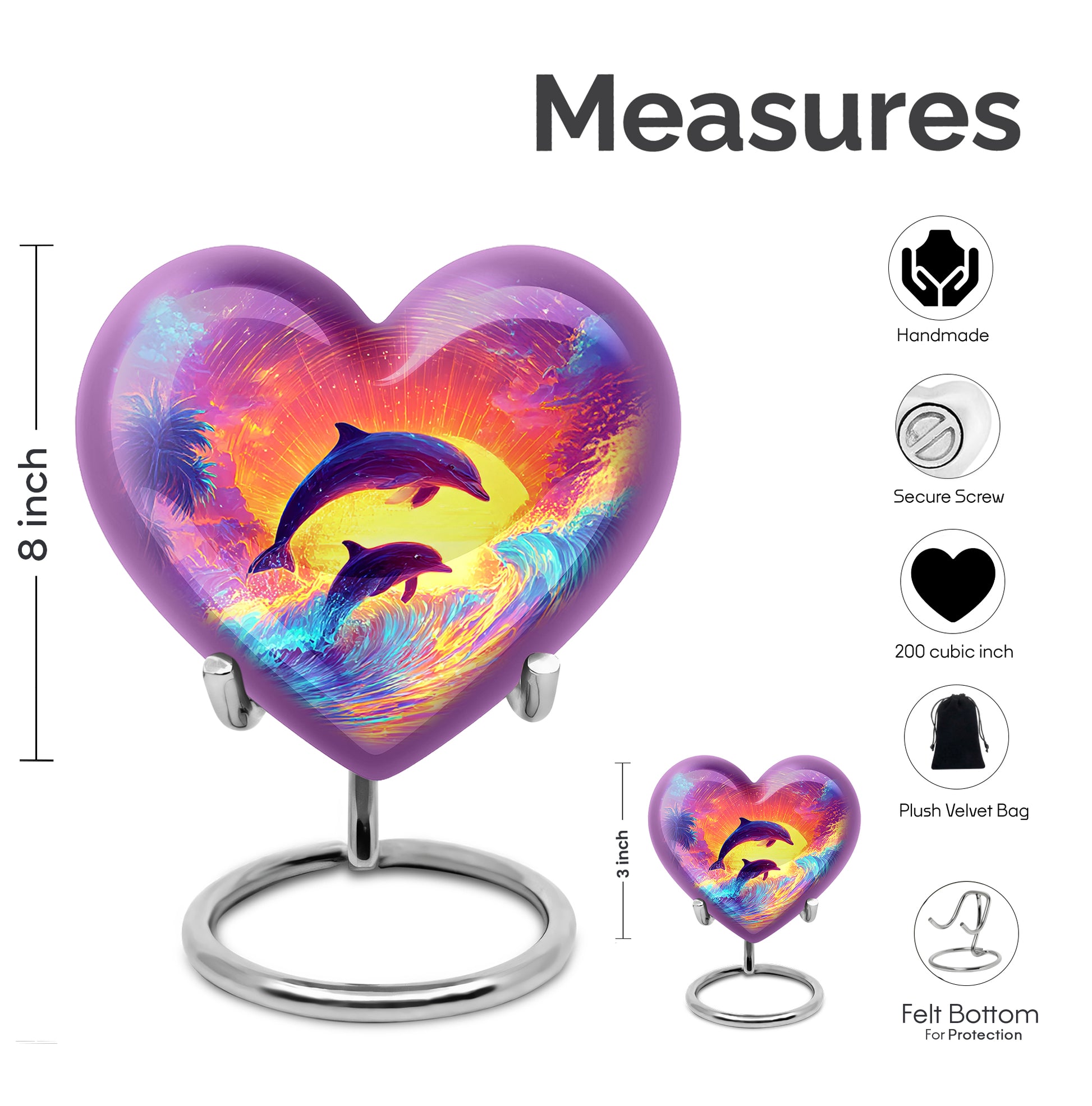 Deep Purple Dolphin Cremation Urn front view showing detailed design - heart-shaped dolphin design symbolizing eternal love - mini keepsake memorial for portion of cremation ashes