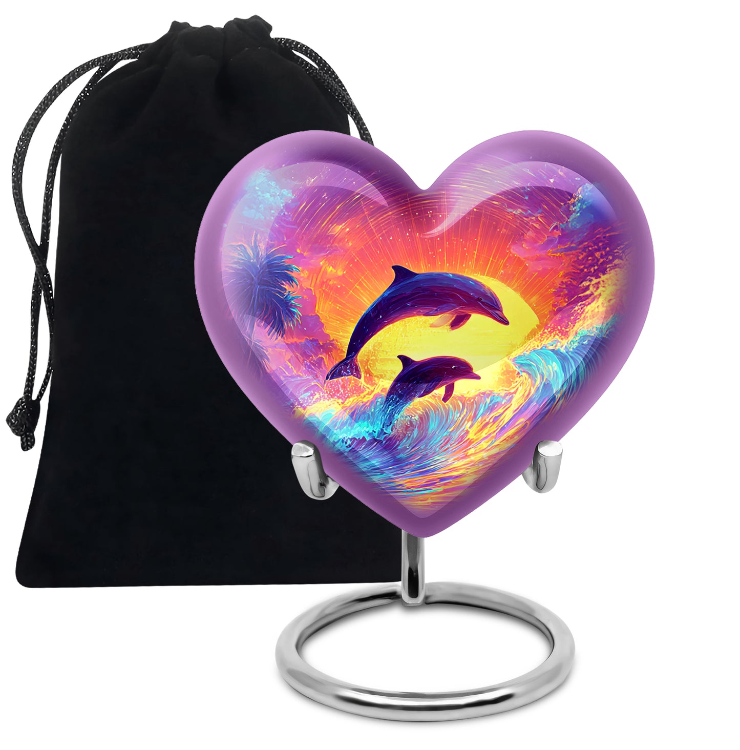 Plum Purple Dolphin Cremation Urn detail view - heart-shaped dolphin design symbolizing eternal love - full-size 10 inch 200 cubic inch adult cremation urn