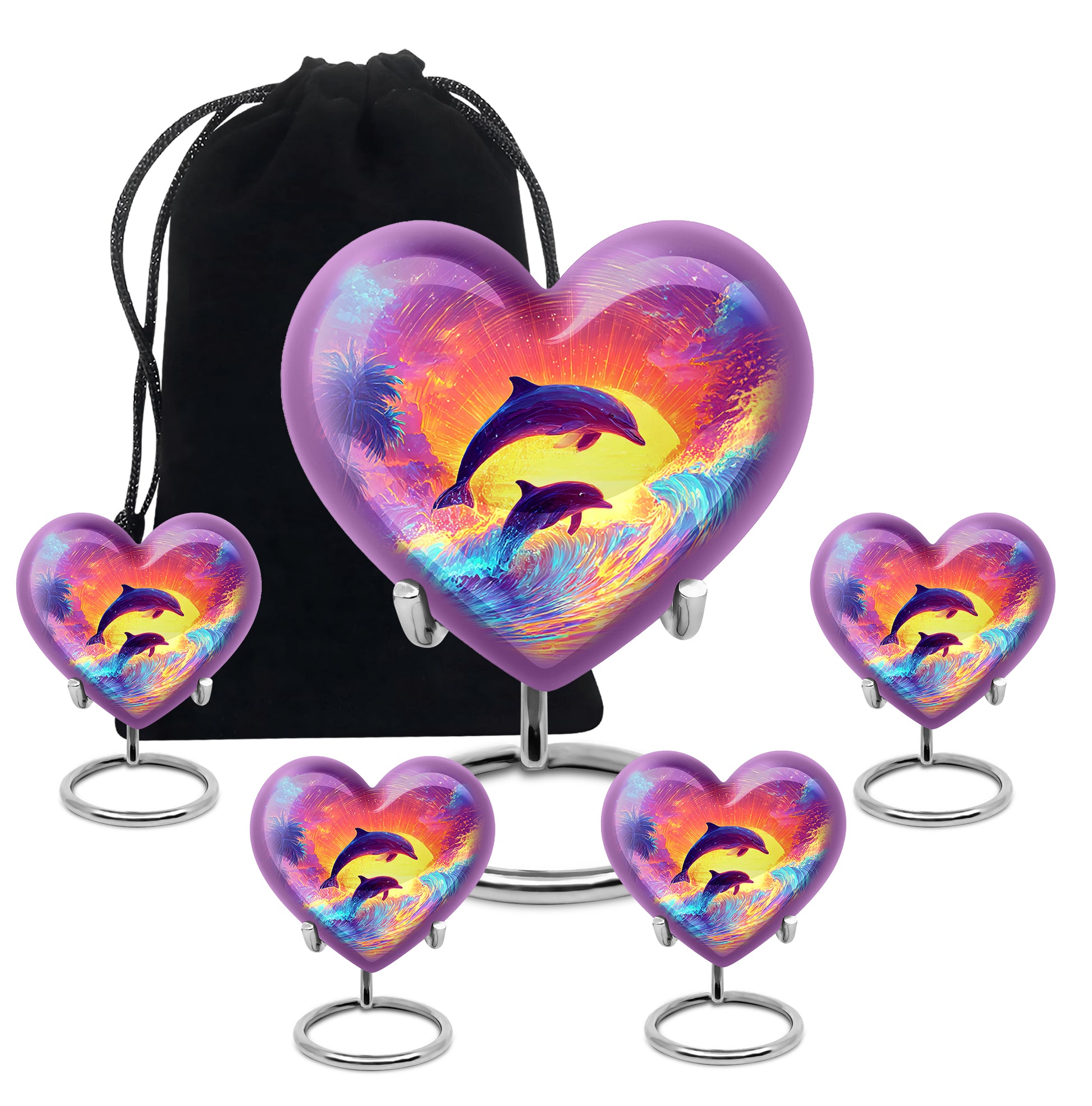 Violet Purple Dolphin Cremation Urn close-up of engraving and surface detail - romantic heart urn with dolphin motif on aluminum - memorial set with one large and four small urns