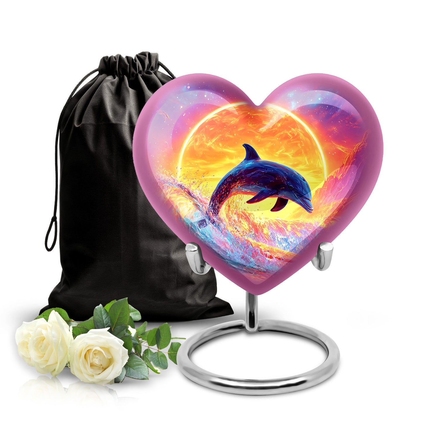 Pastel Blue Dolphin Cremation Urn detail view - heart-shaped dolphin design symbolizing eternal love - full-size 10 inch 200 cubic inch adult cremation urn
