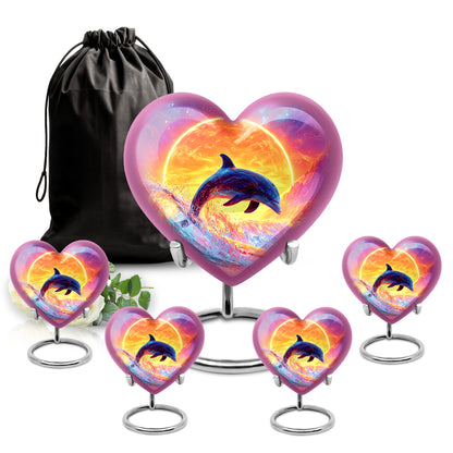 Celestial Blue Dolphin Cremation Urn close-up of engraving and surface detail - heart-shaped dolphin design symbolizing eternal love - memorial set with one large and four small urns