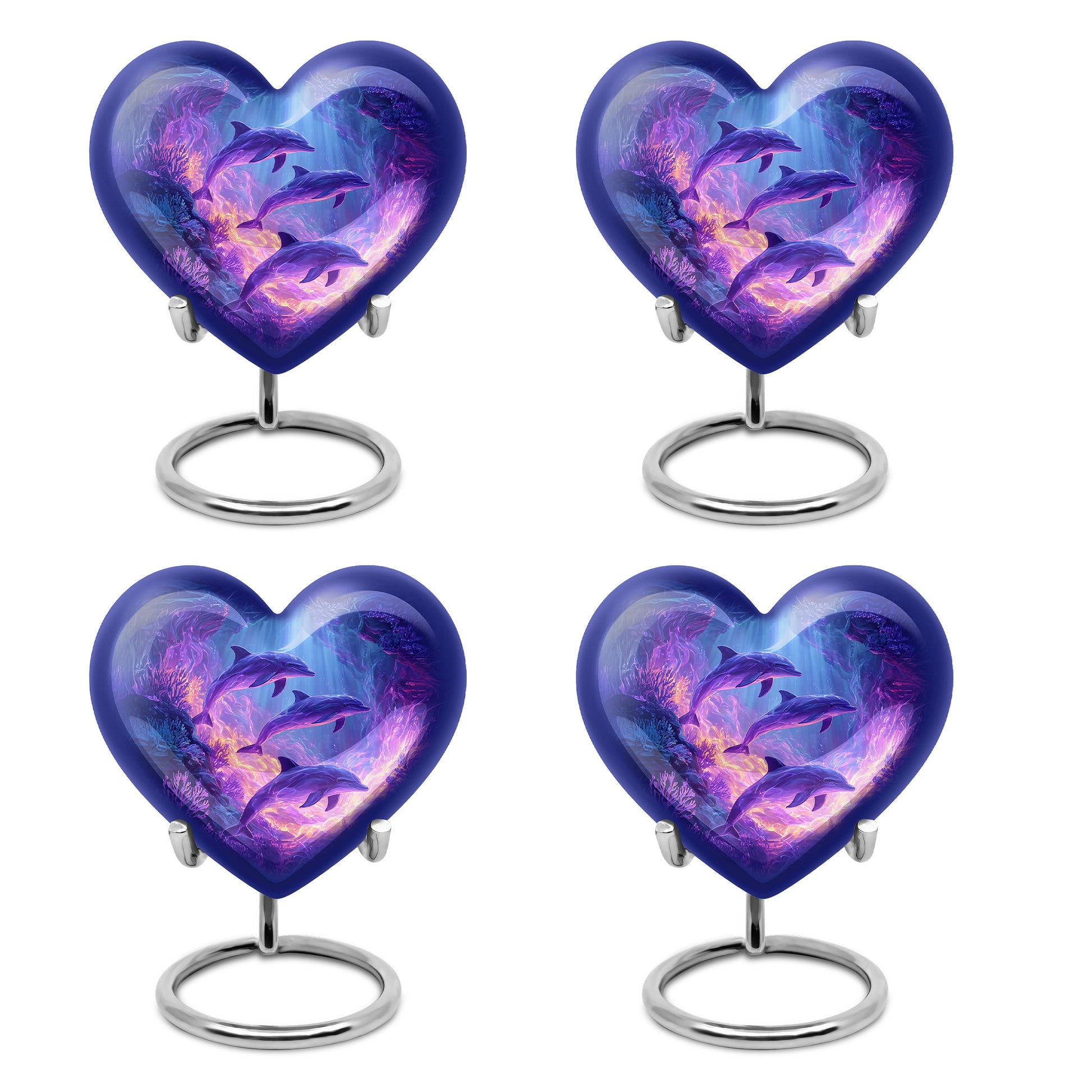 Sapphire Blue Dolphin Cremation Urn angled view of lid and engraved motif - romantic heart urn with dolphin motif on aluminum - 10 inch aluminum urn for cremated remains