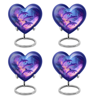 Sapphire Blue Dolphin Cremation Urn angled view of lid and engraved motif - romantic heart urn with dolphin motif on aluminum - 10 inch aluminum urn for cremated remains