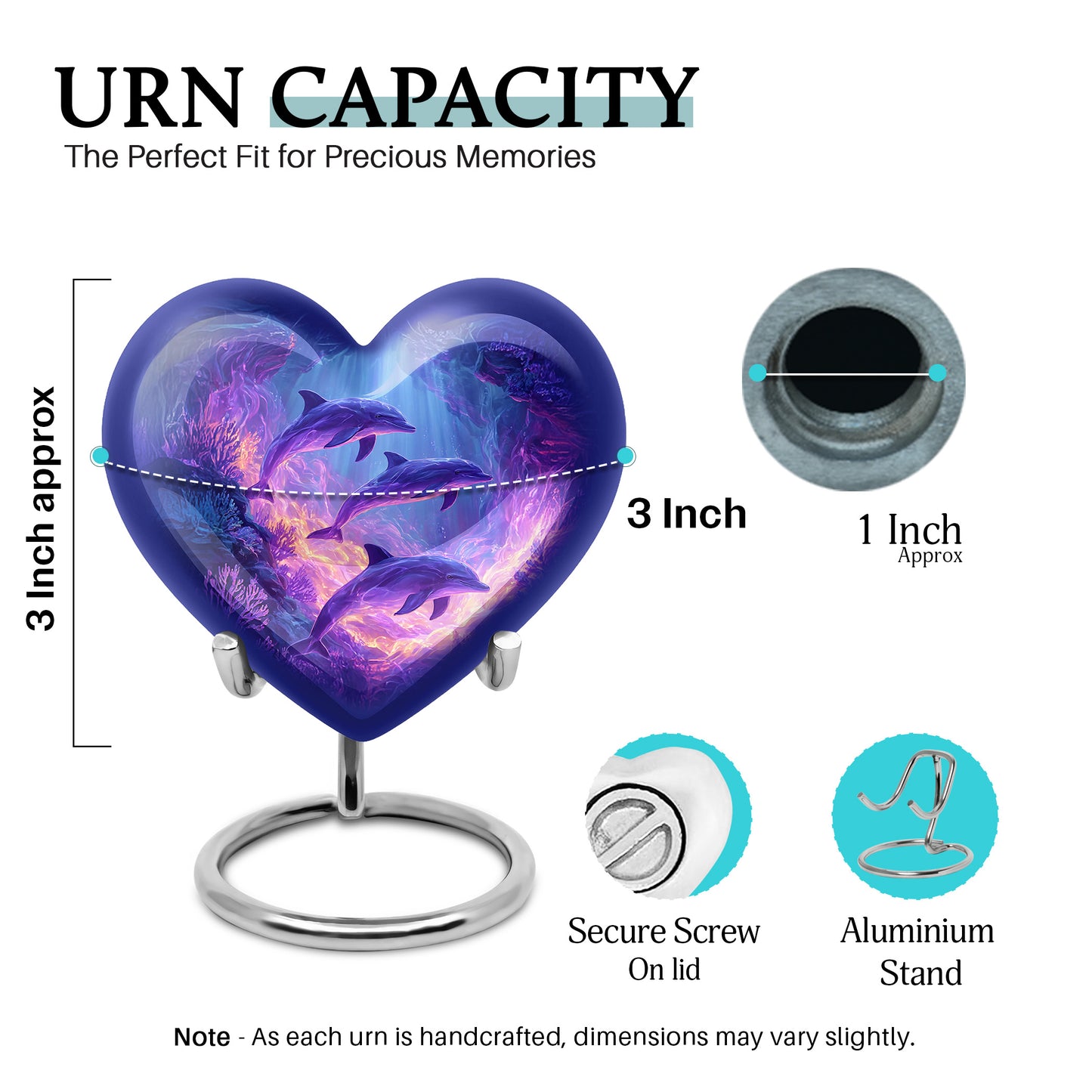 Bright Blue Dolphin Cremation Urn front view showing detailed design - compassionate heart-dolphin combination with gentle curves - mini keepsake memorial for portion of cremation ashes