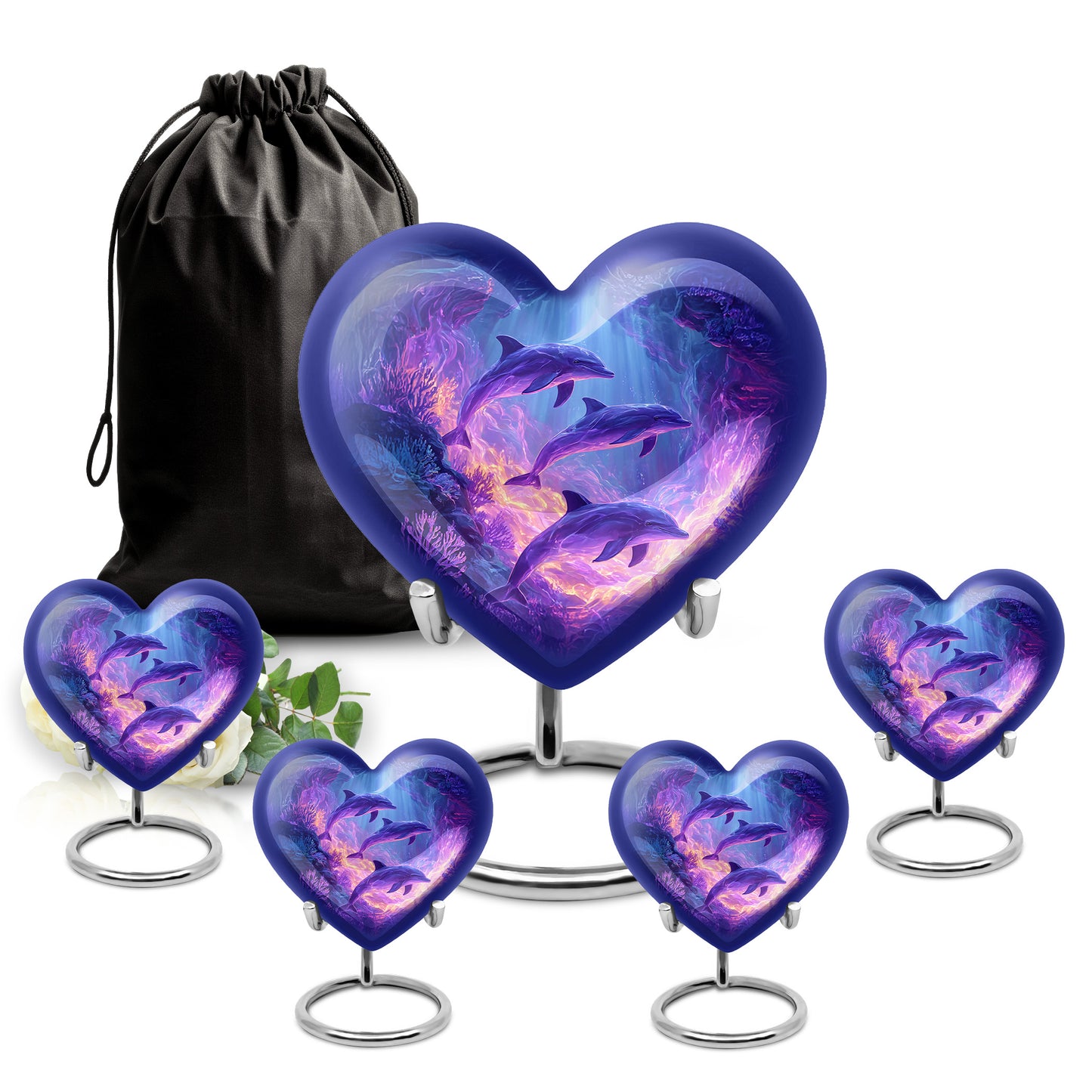 Sky Blue Dolphin Cremation Urn close-up of engraving and surface detail - loving heart memorial featuring dolphin pattern - memorial set with one large and four small urns