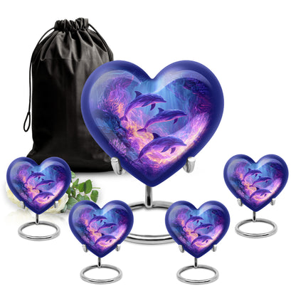 Sky Blue Dolphin Cremation Urn close-up of engraving and surface detail - loving heart memorial featuring dolphin pattern - memorial set with one large and four small urns