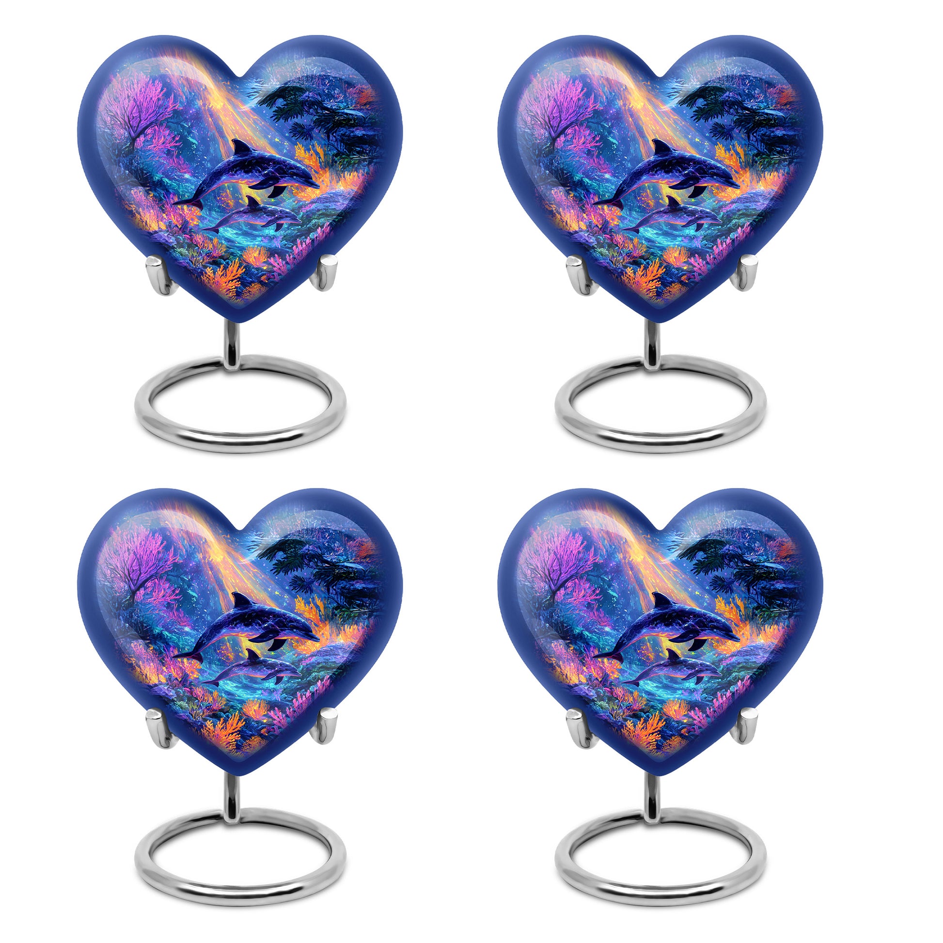 Dusty Blue Dolphin Cremation Urn angled view of lid and engraved motif - loving heart memorial featuring dolphin pattern - 10 inch aluminum urn for cremated remains
