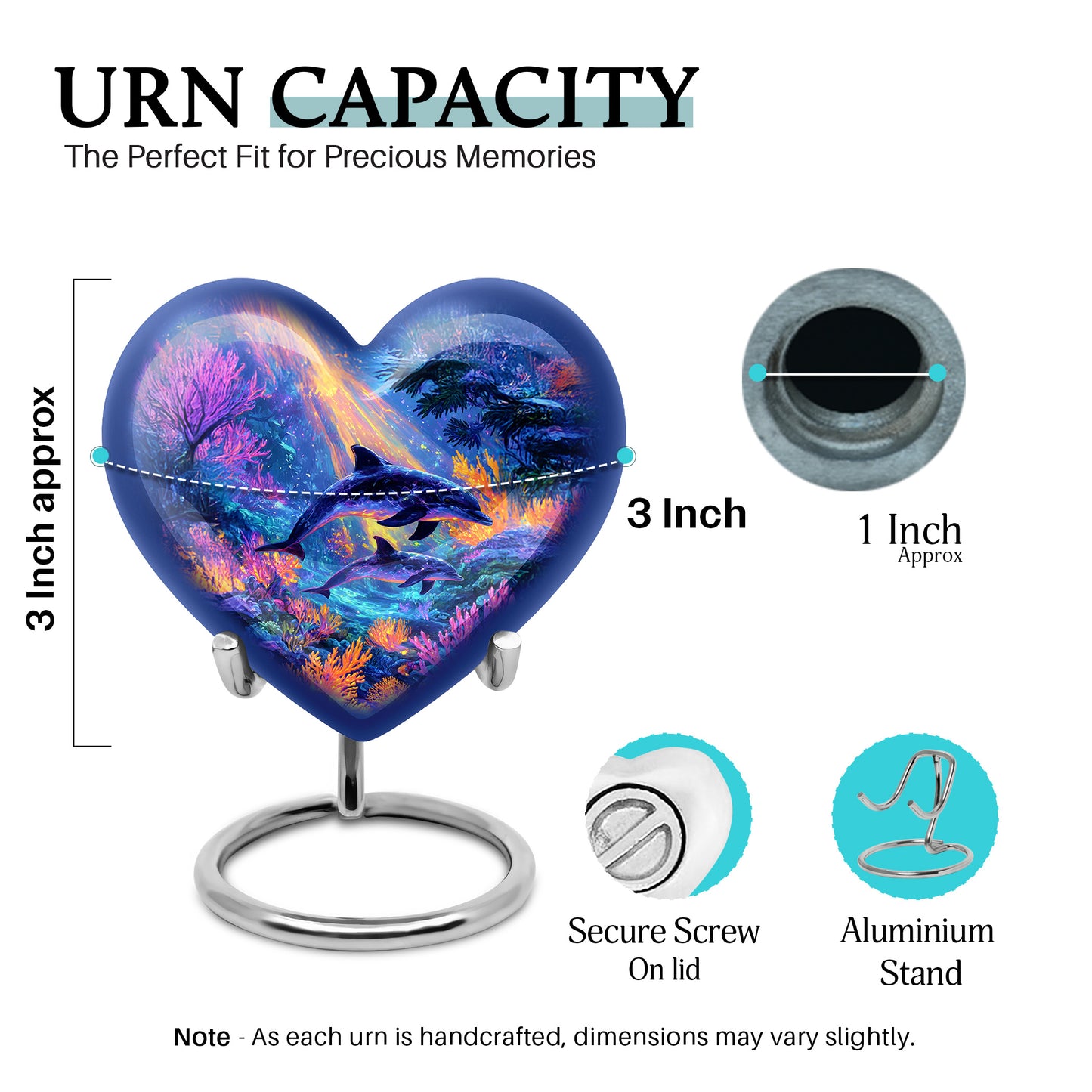 Indigo Dolphin Cremation Urn front view showing detailed design - loving heart memorial featuring dolphin pattern - mini keepsake memorial for portion of cremation ashes