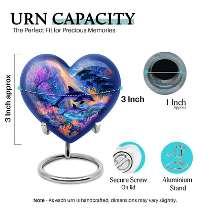 Indigo Dolphin Cremation Urn front view showing detailed design - loving heart memorial featuring dolphin pattern - mini keepsake memorial for portion of cremation ashes