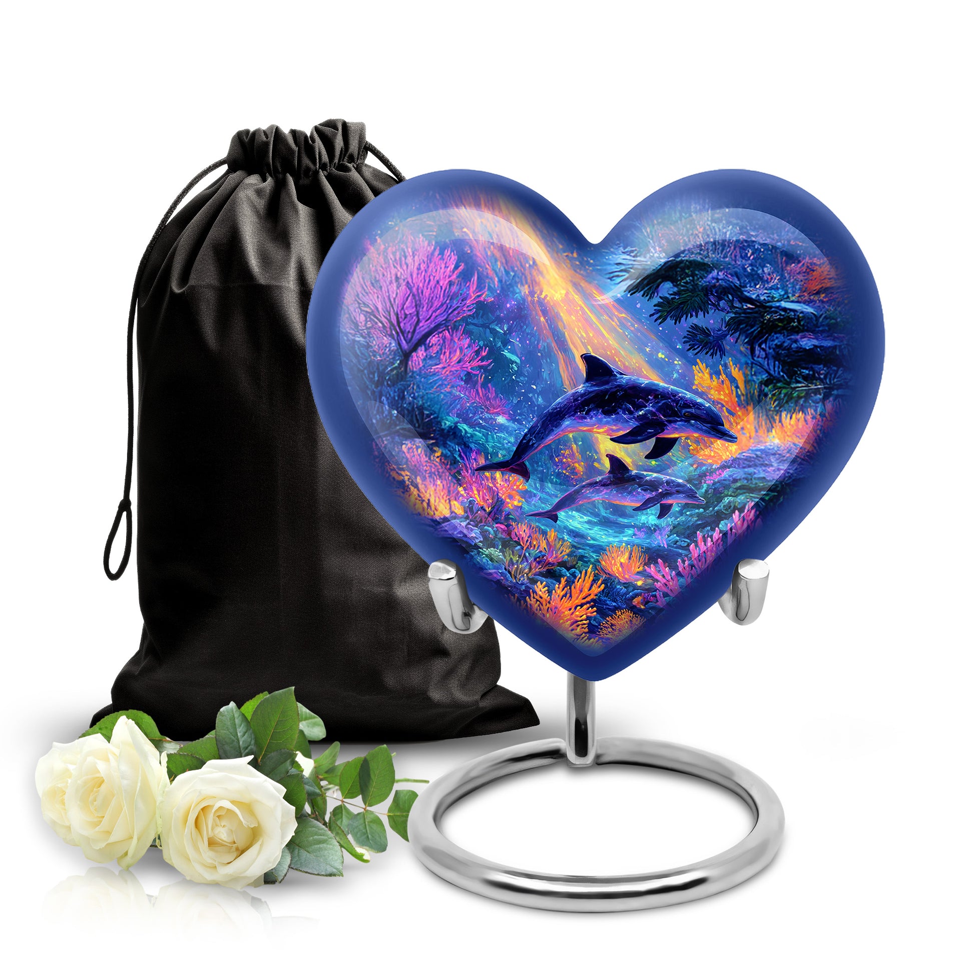 Cobalt Blue Dolphin Cremation Urn detail view - compassionate heart-dolphin combination with gentle curves - full-size 10 inch 200 cubic inch adult cremation urn