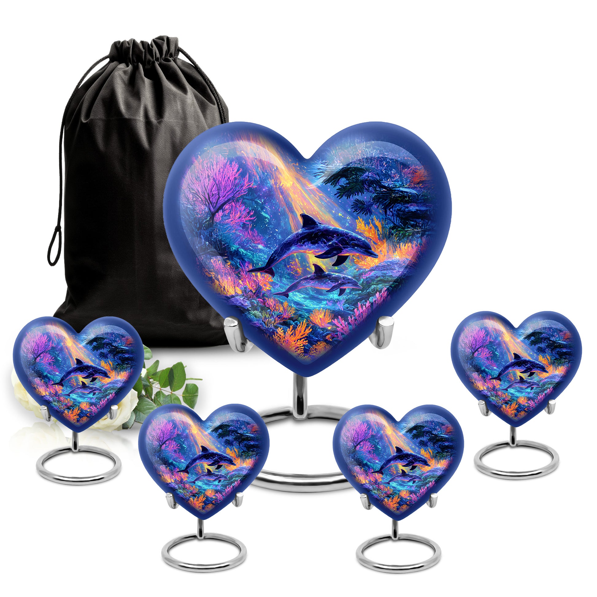 Azure Dolphin Cremation Urn close-up of engraving and surface detail - heart-shaped dolphin design symbolizing eternal love - memorial set with one large and four small urns