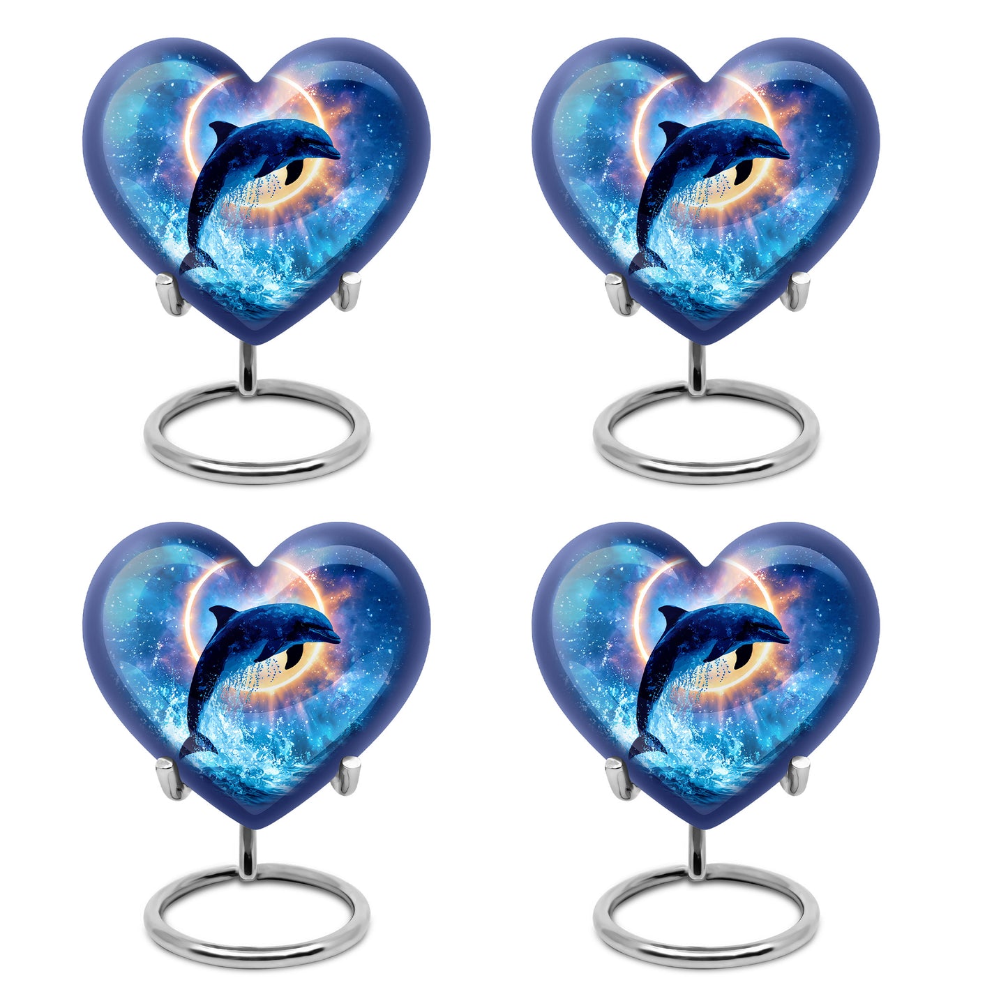 Soft Blue Dolphin Cremation Urn angled view of lid and engraved motif - compassionate heart-dolphin combination with gentle curves - 10 inch aluminum urn for cremated remains