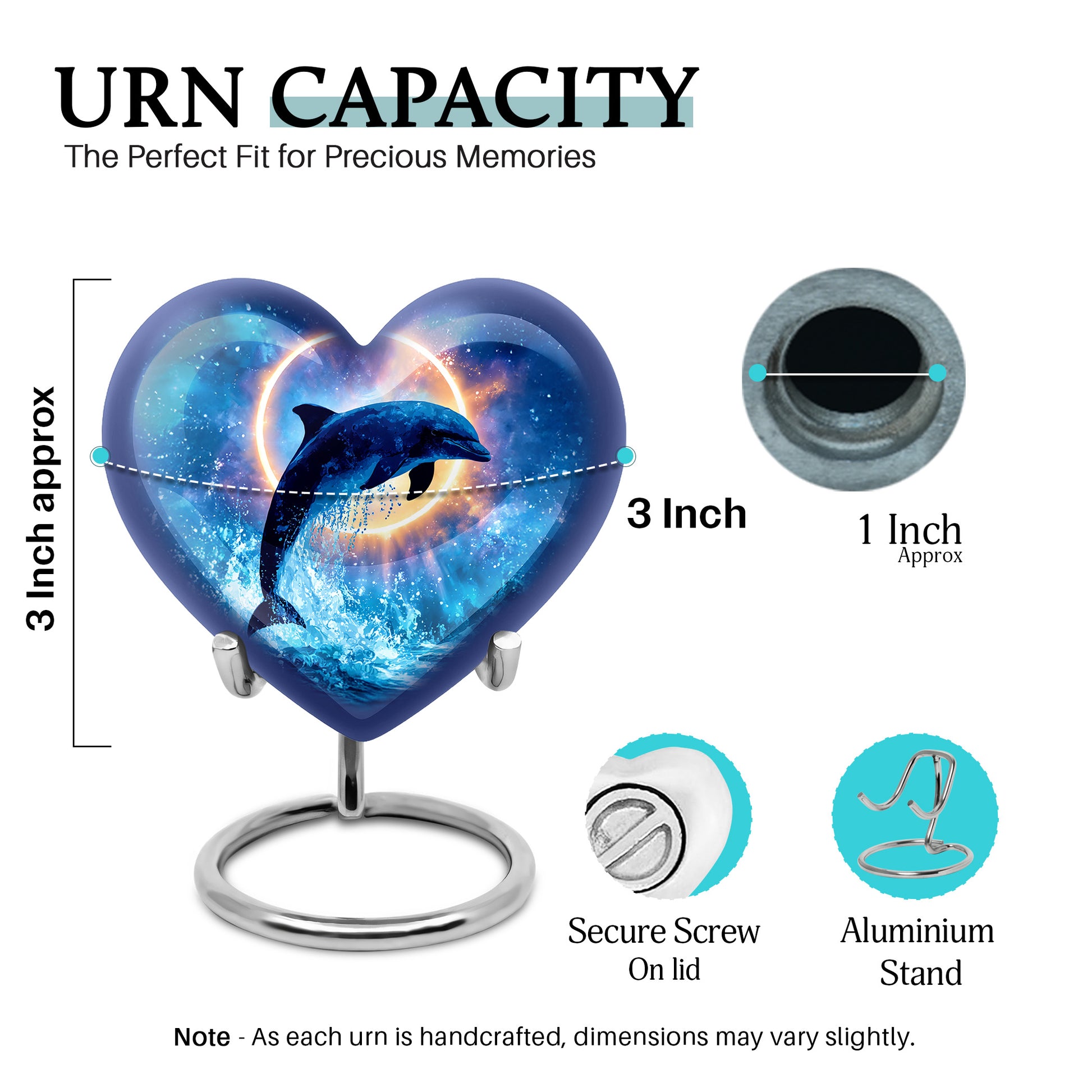Powder Blue Dolphin Cremation Urn front view showing detailed design - loving heart memorial featuring dolphin pattern - mini keepsake memorial for portion of cremation ashes