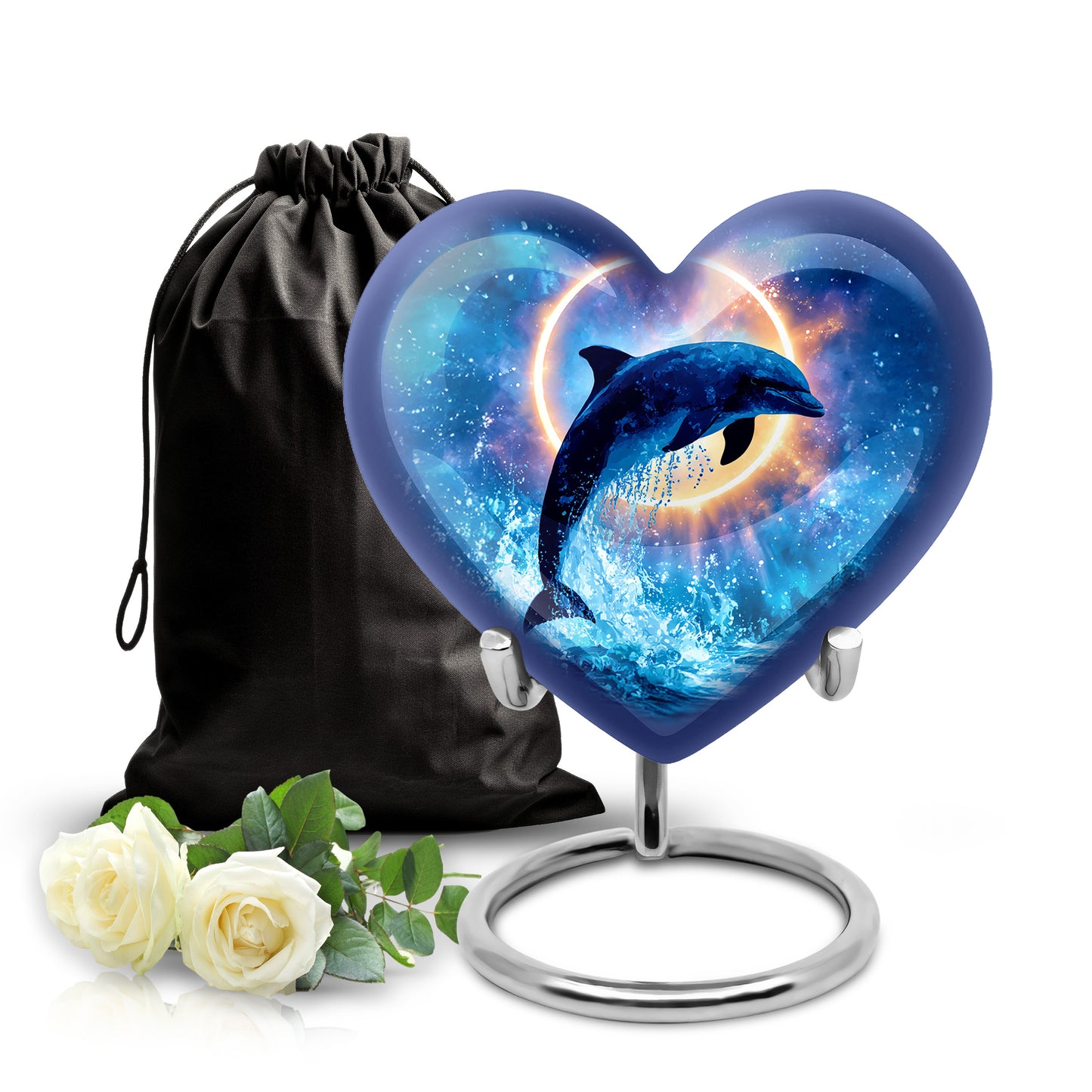 Bright Blue Dolphin Cremation Urn detail view - romantic heart urn with dolphin motif on aluminum - full-size 10 inch 200 cubic inch adult cremation urn
