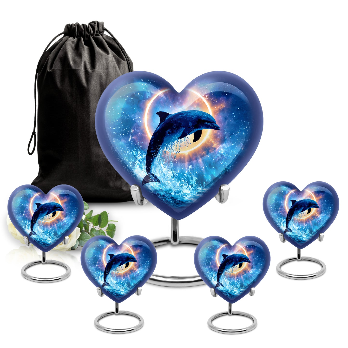 Dusty Blue Dolphin Cremation Urn close-up of engraving and surface detail - heart-shaped dolphin design symbolizing eternal love - memorial set with one large and four small urns
