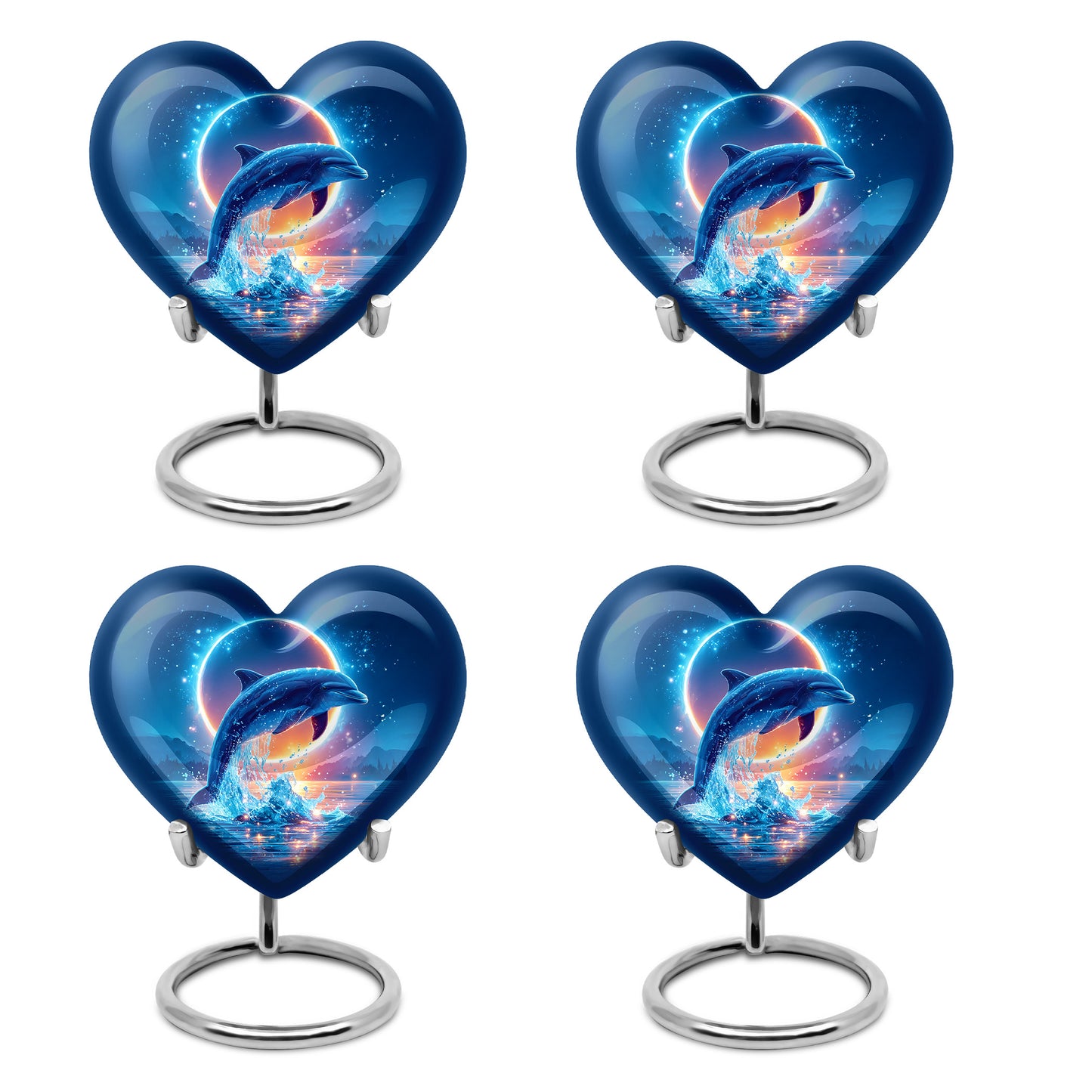 Pastel Blue Dolphin Cremation Urn angled view of lid and engraved motif - loving heart memorial featuring dolphin pattern - 10 inch aluminum urn for cremated remains