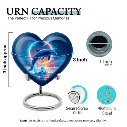 Azure Dolphin Cremation Urn front view showing detailed design - loving heart memorial featuring dolphin pattern - mini keepsake memorial for portion of cremation ashes