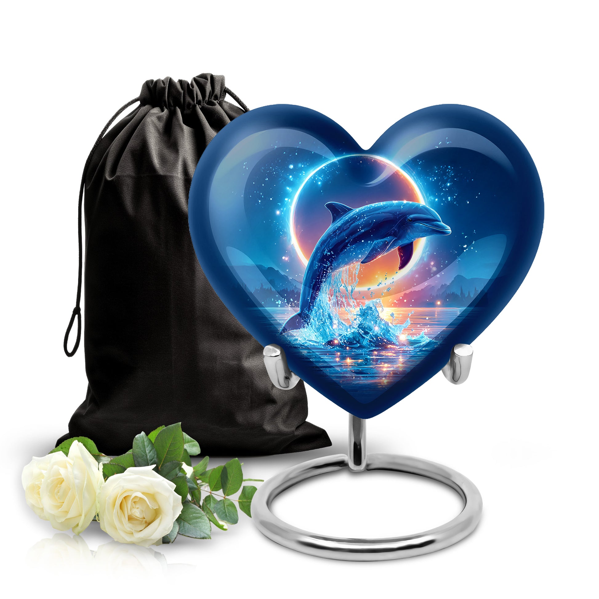 Dusty Blue Dolphin Cremation Urn detail view - loving heart memorial featuring dolphin pattern - full-size 10 inch 200 cubic inch adult cremation urn