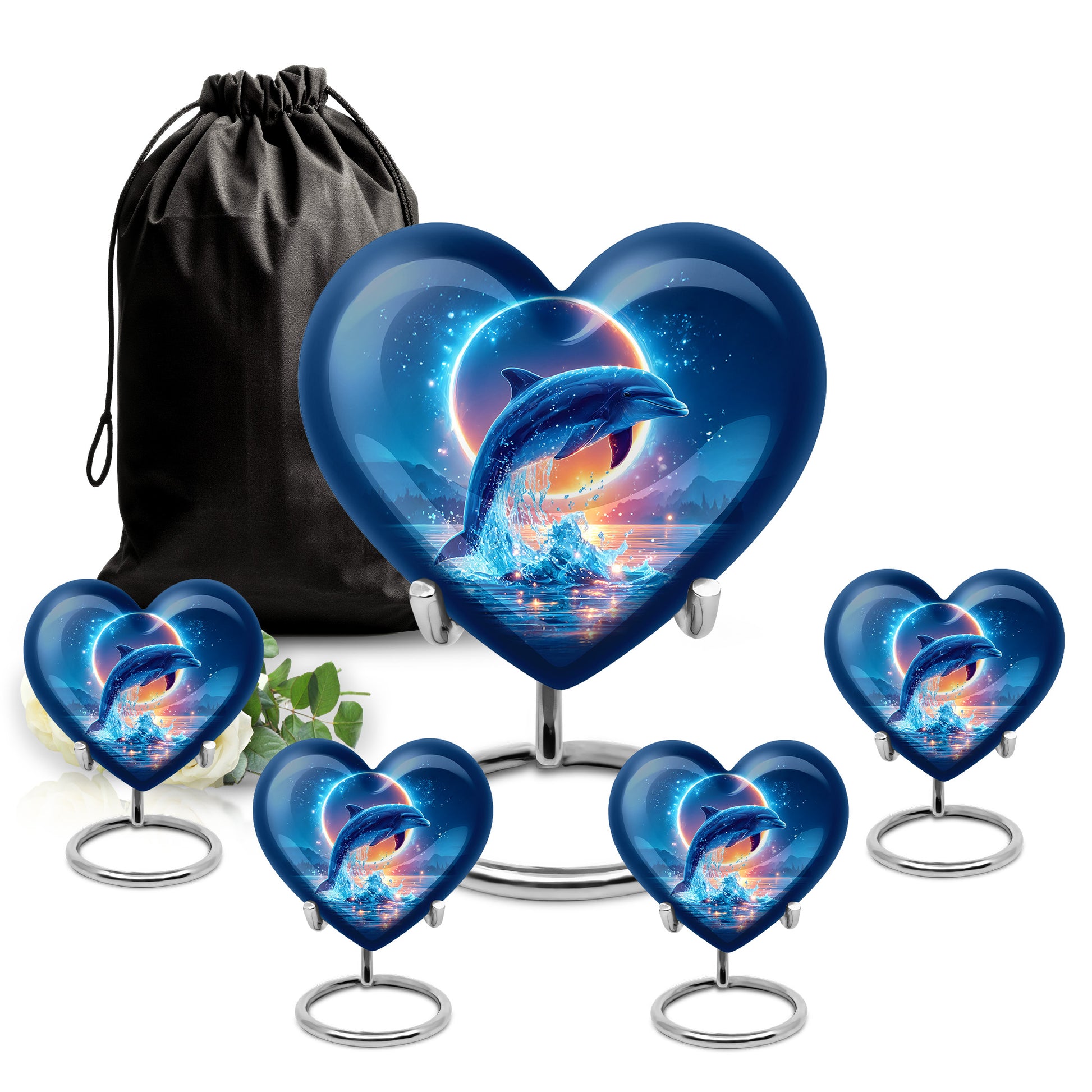 Celestial Blue Dolphin Cremation Urn close-up of engraving and surface detail - loving heart memorial featuring dolphin pattern - memorial set with one large and four small urns