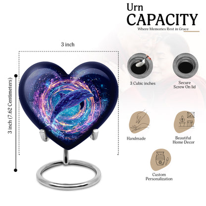 Icy Blue Dolphin Cremation Urn front view showing detailed design - heart-shaped dolphin design symbolizing eternal love - mini keepsake memorial for portion of cremation ashes