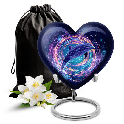 Indigo Dolphin Cremation Urn detail view - heart-shaped dolphin design symbolizing eternal love - full-size 10 inch 200 cubic inch adult cremation urn