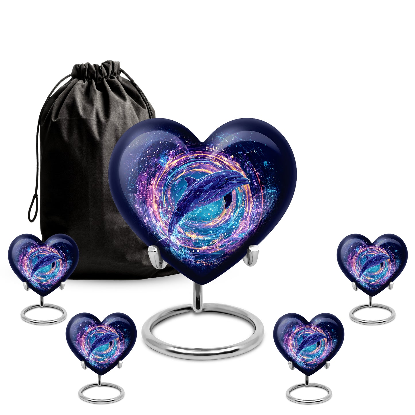 Celestial Blue Dolphin Cremation Urn close-up of engraving and surface detail - heart-shaped dolphin design symbolizing eternal love - memorial set with one large and four small urns