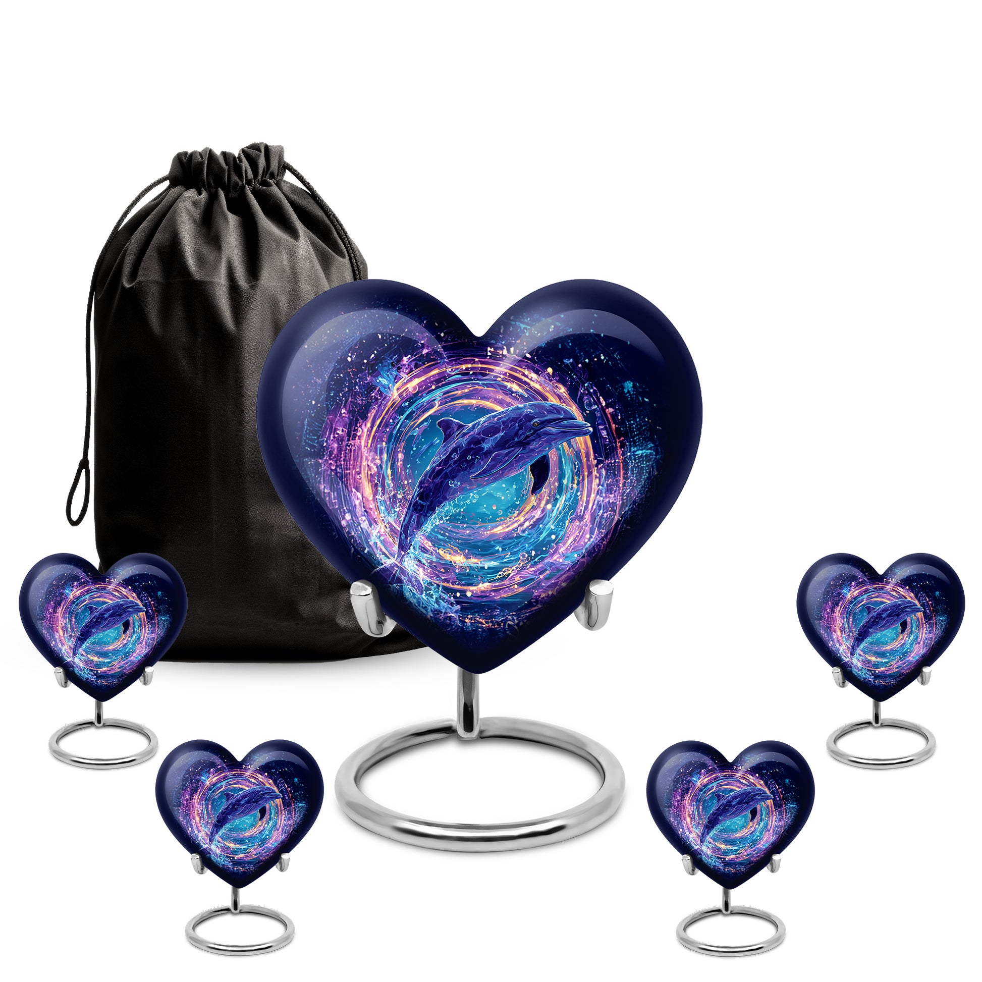 Celestial Blue Dolphin Cremation Urn close-up of engraving and surface detail - heart-shaped dolphin design symbolizing eternal love - memorial set with one large and four small urns
