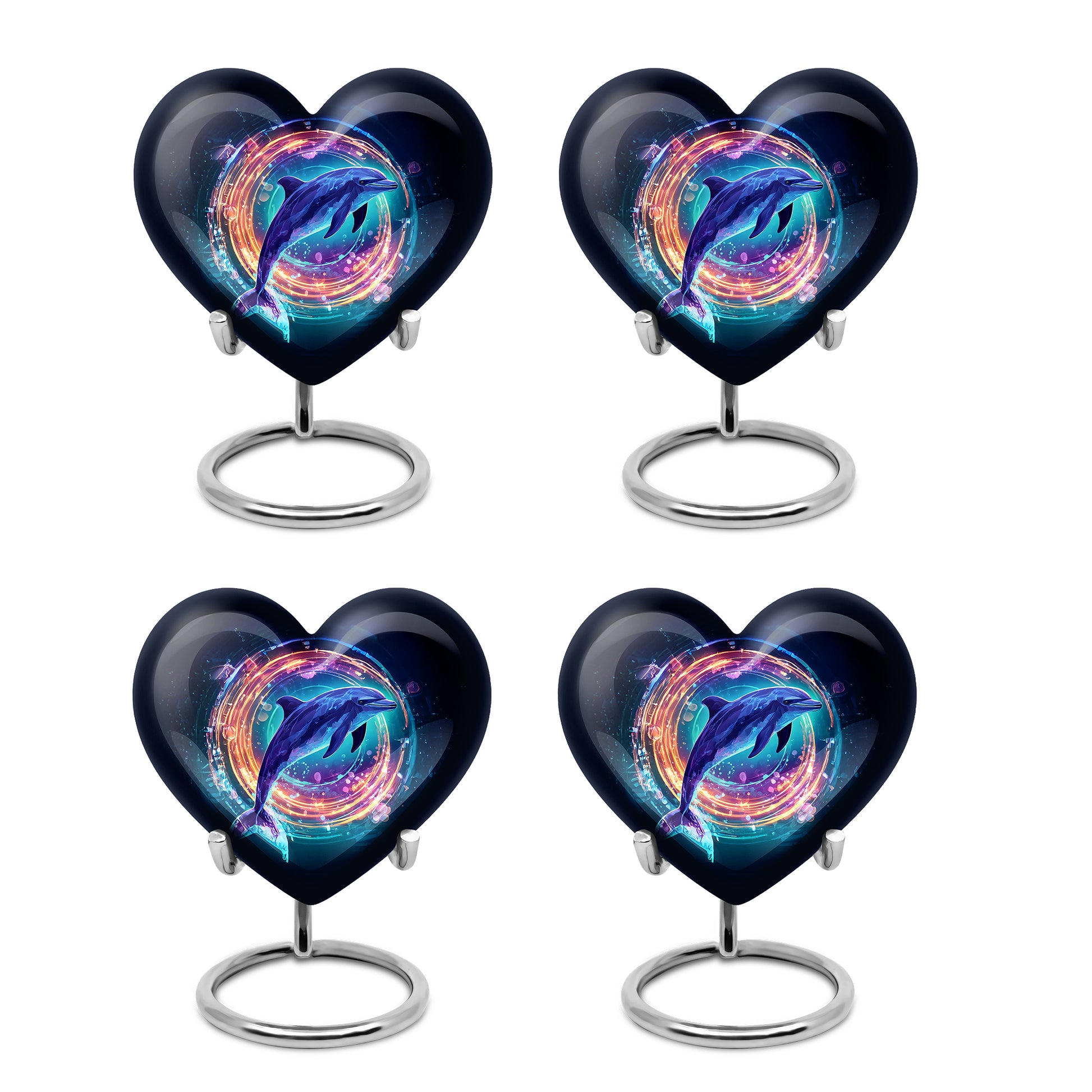 Jet Black Dolphin Cremation Urn angled view of lid and engraved motif - heart-shaped dolphin design symbolizing eternal love - 10 inch aluminum urn for cremated remains