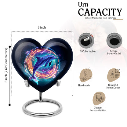 Ebony Dolphin Cremation Urn front view showing detailed design - heart-shaped dolphin design symbolizing eternal love - mini keepsake memorial for portion of cremation ashes