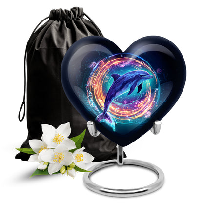 Onyx Black Dolphin Cremation Urn detail view - romantic heart urn with dolphin motif on aluminum - full-size 10 inch 200 cubic inch adult cremation urn